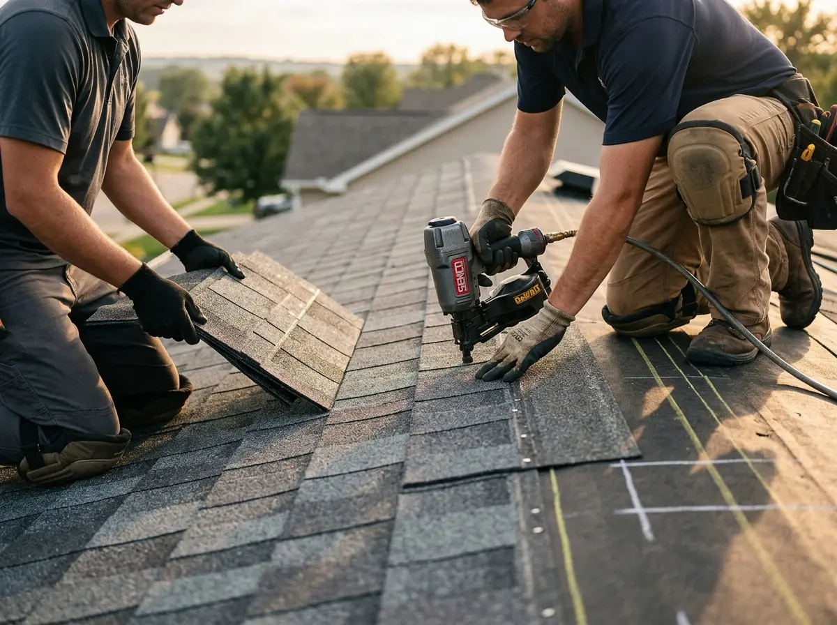 Professional roofer working on a residential roof in South Sioux City